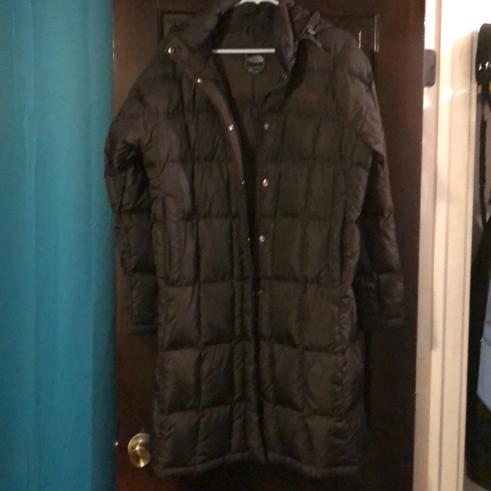 Brown long puffy North Face jacket